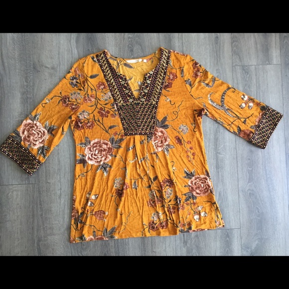 Soft Surroundings Tops - Soft Surroundings Mustard Floral Top Embroidered